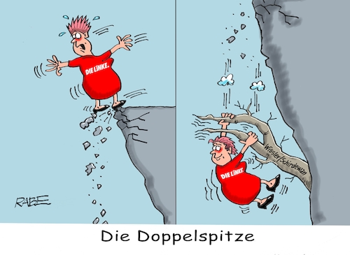 Cartoon: Hängepartie (medium) by RABE tagged wissler,schirdewan,parteitag,die,linke,erfurt,rabe,ralf,böhme,cartoon,karikatur,pressezeichnung,farbcartoon,tagescartoon,bodo,ramelow,bundesparteitag,führungsspitze,führungsduo,parteispitze,doppelspitz,abgrund,absturz,fall,ast,astgabel,halt,wissler,schirdewan,parteitag,die,linke,erfurt,rabe,ralf,böhme,cartoon,karikatur,pressezeichnung,farbcartoon,tagescartoon,bodo,ramelow,bundesparteitag,führungsspitze,führungsduo,parteispitze,doppelspitz,abgrund,absturz,fall,ast,astgabel,halt