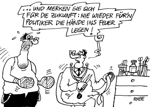 Cartoon: Heisse Hände (medium) by RABE tagged politiker,ehrenwort,transparenz,abgeordnete,minister,parteimitglieder,bundesregierung,kanzlerin,merkel,cdu,staatsdiener,wulff,bundespräsident,politikverdrossenheit,euro,krise,schulden,arzt,patient,doktor,bahandlungszimmer,diagnose,verbrennung,hand,finger,feuer,brandblasen,verband,mullbinde,brandsalbe,zukunft,brandopfer,politiker,transparenz,abgeordnete,minister,parteimitglieder,bundesregierung,merkel,wulff