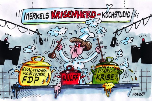 Cartoon: Herdplattenkrise (medium) by RABE tagged merkel,cdu,kanzlerin,sarkozy,frankreich,deutschland,eu,euro,eurokrise,schuldenkrise,griechenland,banken,kredit,eurorettung,zinsen,wulff,staatsoberhaupt,bundespräsident,transparenz,affäre,privatkredit,geerkens,urlaubsreise,florida,bild,bildzeitung,diekmann,mailbox,stahlgewitter,krieg,fdp,liberale,tief,umfragetief,koalitionspartner,schwarzgelb,rösler,westerwelle,brüderle,personaldebatte,koch,kochmütze,kochstudio,kochshow,herd,herdplatten,krise,krisenherd,kochtöpfe,löffel,kochlöffel,topfdeckel,qualm,brei,suppe,pampe,übergekochtes,anbrennen,köcheln,merkel,sarkozy,frankreich,deutschland,eu,euro,eurokrise,schuldenkrise