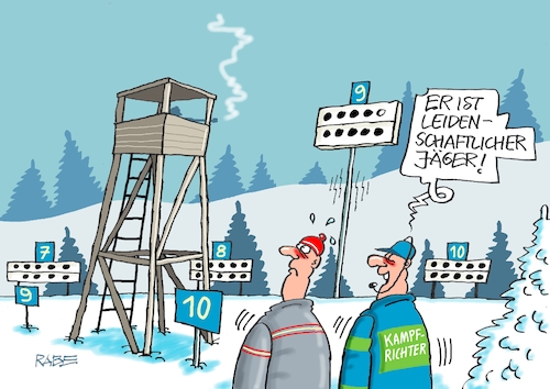 Cartoon: Hochgestelzt (medium) by RABE tagged oberhof,rennrodler,rennrodeln,schlitten,bob,bobbahn,eiskanal,sportler,rabe,ralf,böhme,cartoon,karikatur,pressezeichnung,farbcartoon,tagescartoon,biathlon,wm,zielscheiben,treffer,hochsitz,jäger,kampfrichter,schnee,oberhof,rennrodler,rennrodeln,schlitten,bob,bobbahn,eiskanal,sportler,rabe,ralf,böhme,cartoon,karikatur,pressezeichnung,farbcartoon,tagescartoon,biathlon,wm,zielscheiben,treffer,hochsitz,jäger,kampfrichter,schnee