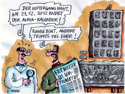 Cartoon: Hochkultur (medium) by RABE tagged bundesregierung,kanzlerin,merkel,cdu,fdp,liberale,koalition,schwarzgelb,rösler,westerwelle,wähler,umfrag,wählerumfrage,umfragewerte,politbarometer,tortendiagramm,politikverdrossenheit,umfragetief,untergang,inferno,weltuntergang,hochkultur,maya,mayakalender,mayakultur,azteken,inka,peru,südamerika,pyramiden,urwald,spanier,cortez,gold,reichtum,skulptur,relief,steinplatte,zeichen,ornamente,kalender,sterne,himmelskörper,professor,forscher,archäologen,archäologie,bundesregierung,kanzlerin,merkel,cdu,fdp,liberale,koalition,schwarzgelb,rösler,westerwelle,wähler,wählerumfrage,umfragewerte,politbarometer