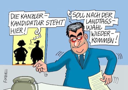 Cartoon: Horch was kommt von draußen rein (medium) by RABE tagged bayern,söder,ministerpräsident,csu,münchen,landtagswahl,rabe,ralf,böhme,cartoon,karikatur,pressezeichnung,farbcartoon,tagescartoon,kanzler,kanzlerkandidat,kanzlerkandidatur,kanzleramt,verzicht,absage,bayern,söder,ministerpräsident,csu,münchen,landtagswahl,rabe,ralf,böhme,cartoon,karikatur,pressezeichnung,farbcartoon,tagescartoon,kanzler,kanzlerkandidat,kanzlerkandidatur,kanzleramt,verzicht,absage