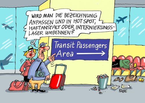 Cartoon: Hot Spot (medium) by RABE tagged flüchtlinge,flüchtlingskrise,hot,spot,haftanstalt,internierungslager,transitzone,merkel,seehofer,rabe,ralf,böhme,cartoon,karikatur,pressezeichnung,farbcartoon,tagescartoon,flughafen,transitbereich,umbennung,flüchtlingsheim,abschiebung,flüchtlinge,flüchtlingskrise,hot,spot,haftanstalt,internierungslager,transitzone,merkel,seehofer,rabe,ralf,böhme,cartoon,karikatur,pressezeichnung,farbcartoon,tagescartoon,flughafen,transitbereich,umbennung,flüchtlingsheim,abschiebung