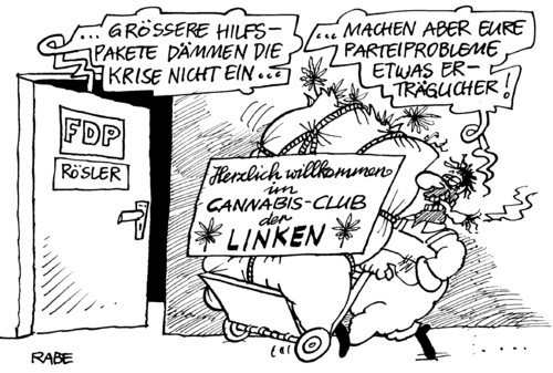 Cartoon: Im Rausch (medium) by RABE tagged bundesregierung,fdp,liberale,rösler,linke,gysi,lötzsch,drogen,cannabis,cannabisclub,hanf,rausch,high,krise,eurokrise,rettungspaket,euro,eu,hilfspaket,griechenland,parteispitze,parteiprobleme,umfragewerte,umfragetief,generalsekretär,eindämmung,willkommen,sackkarre,tüte,legalisierung,erträglichkeit,liberale,fdp,linke,gysi,lötzsch,drogen,cannabis,cannabisclub