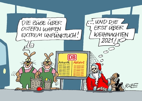 Cartoon: Immer nur Bahnhof (medium) by RABE tagged ostern,ostereier,eier,eiermangel,mangelware,hühner,hühnerstall,hühnereier,rabe,ralf,böhme,cartoon,tagescartoon,farbcartoon,pressezeichnung,fliege,fliegeneier,mitarbeiterin,henne,bahnhof,gleis,bahnsteig,bahnreisende,db,verspätung,anschlusszüge,zugausfall,weihnachten,weihnachtsmann,spinnenweben,spinnennetz,geripp,knochen,knochengeripp,tod,ostern,ostereier,eier,eiermangel,mangelware,hühner,hühnerstall,hühnereier,rabe,ralf,böhme,cartoon,tagescartoon,farbcartoon,pressezeichnung,fliege,fliegeneier,mitarbeiterin,henne,bahnhof,gleis,bahnsteig,bahnreisende,db,verspätung,anschlusszüge,zugausfall,weihnachten,weihnachtsmann,spinnenweben,spinnennetz,geripp,knochen,knochengeripp,tod