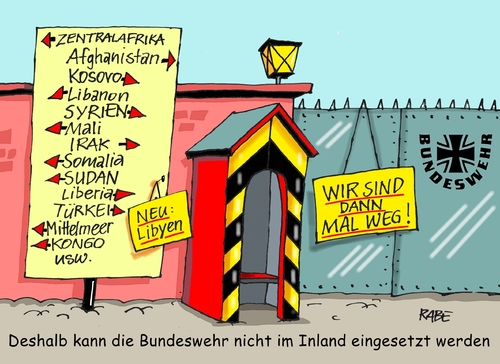 Cartoon: Inneres (medium) by RABE tagged bundeswehr,soldaten,inneres,sicherheit,anschläge,polizeieinsätze,flüchtlinge,von,der,leyen,verteidigung,verteidigungsministerin,rabe,ralf,böhme,cartoon,karikatur,pressezeichnung,farbcartoon,tagescartoon,schilderhaus,kaserne,auslandseinsätze,mali,kongo,lybien,syrien,inland,bundeswehr,soldaten,inneres,sicherheit,anschläge,polizeieinsätze,flüchtlinge,von,der,leyen,verteidigung,verteidigungsministerin,rabe,ralf,böhme,cartoon,karikatur,pressezeichnung,farbcartoon,tagescartoon,schilderhaus,kaserne,auslandseinsätze,mali,kongo,lybien,syrien,inland