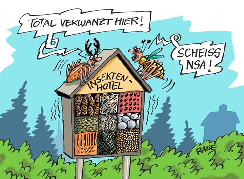 Cartoon: Insektenhotel (medium) by RABE tagged insekten,insektenhotel,wanzen,spionage,nsa,bnd,abhörskandal,spione,cia,untersuchungsausschuss,abhöraffäre,snowden,rabe,ralf,böhme,cartoon,karikatur,pressezeichnung,farbcartoon,tagescartoon,wald,natur,wespen,käfer,hirschkäfer,nistplatz,unterschlupf,insekten,insektenhotel,wanzen,spionage,nsa,bnd,abhörskandal,spione,cia,untersuchungsausschuss,abhöraffäre,snowden,rabe,ralf,böhme,cartoon,karikatur,pressezeichnung,farbcartoon,tagescartoon,wald,natur,wespen,käfer,hirschkäfer,nistplatz,unterschlupf