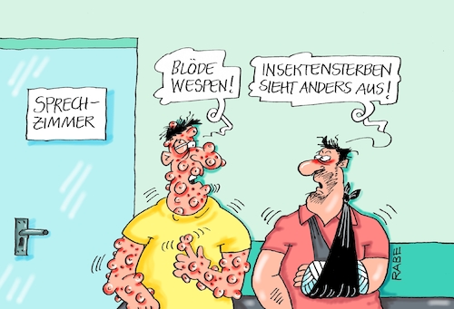 Cartoon: Insektensterben (medium) by RABE tagged natur,insekten,insektensterben,insektenzählung,hummeln,hintern,insektensommer,naturschützer,rabe,ralf,böhme,cartoon,karikatur,pressezeichnung,farbcartoon,tagescartoon,insektenwelt,wespen,wespenstiche,arzt,wartezimmer,sprechzimmer,behandlung,stachel,wespennest,insektenhotel,wespenplage,natur,insekten,insektensterben,insektenzählung,hummeln,hintern,insektensommer,naturschützer,rabe,ralf,böhme,cartoon,karikatur,pressezeichnung,farbcartoon,tagescartoon,insektenwelt,wespen,wespenstiche,arzt,wartezimmer,sprechzimmer,behandlung,stachel,wespennest,insektenhotel,wespenplage