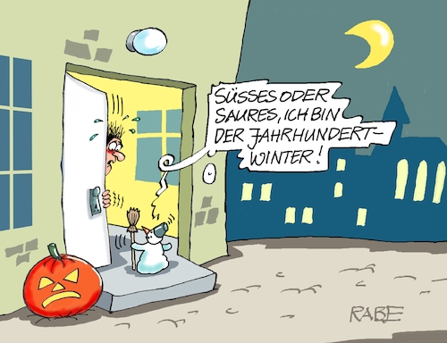 Cartoon: Jahrhundertwinter und Halloween (medium) by RABE tagged halloween,grusel,kürbis,süßes,saures,kinder,masken,verkleidung,winter,schneemann,jahrhundertwinter,halloween,grusel,kürbis,süßes,saures,kinder,masken,verkleidung,winter,schneemann,jahrhundertwinter