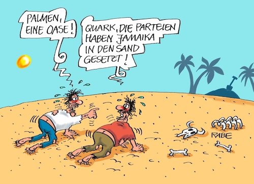 Cartoon: Jamaikawüste (medium) by RABE tagged grüne,jamaika,sondierungsgespräche,regierungsbildung,amtshandlung,rabe,ralf,böhme,cartoon,karikatur,pressezeichnung,farbcartoon,tagescartoon,berzhigung,beruhigungspillen,merkel,merkelraute,kanzleramt,wüste,oase,durst,durststrecke,knochen,wüstensand,scheitern,grüne,jamaika,sondierungsgespräche,regierungsbildung,amtshandlung,rabe,ralf,böhme,cartoon,karikatur,pressezeichnung,farbcartoon,tagescartoon,berzhigung,beruhigungspillen,merkel,merkelraute,kanzleramt,wüste,oase,durst,durststrecke,knochen,wüstensand,scheitern