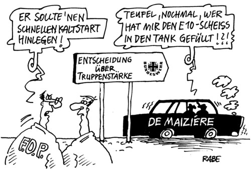 Cartoon: Kaltstarter (medium) by RABE tagged fdp,bundesregierung,verteidigungsminister,de,maiziere,merkel,kanzlerin,afghanistankrieg,bundeswehr,bundeswehrreform,truppe,soldaten,truppenstärke,entscheidung,schnellstart,kaltstart,euro,krise,teufel,kraftstoff,superplus,benzin,diesel,zapfsäule,tankstelle,biosprit,e10,tank,tankfüllung,männer,pkw,fahrzeug,regierungsfahrzeug,scheiß,debakel,adac,benzinproduzent,mineralölbranche,trauerspiel,innenminister,verteidigungsminister,cdu,csu,maiziere,merkel,kanzlerin,bundesregierung,fdp,euro,krise,bundeswehr,bundeswehrstandort,truppenstärke,entscheidung,reduzierung,afghanistan,afghanistankrieg,schnellstart