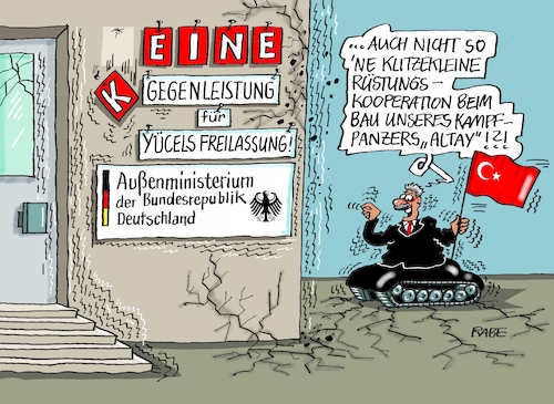 Cartoon: Kampfpanzer (medium) by RABE tagged yücel,freilassung,türkei,ankara,erdogan,gabriel,außenminister,journalist,gegenleistung,menschenrechte,rabe,ralf,böhme,cartoon,karikatur,pressezeichnung,farbcartoon,tagescartoon,panzer,kampfpanzer,gefangener,außenministerium,klitzeklein,rüstungskooperation,altay,yücel,freilassung,türkei,ankara,erdogan,gabriel,außenminister,journalist,gegenleistung,menschenrechte,rabe,ralf,böhme,cartoon,karikatur,pressezeichnung,farbcartoon,tagescartoon,panzer,kampfpanzer,gefangener,außenministerium,klitzeklein,rüstungskooperation,altay