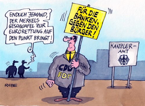 Cartoon: Kanzleramtliches (medium) by RABE tagged euro,eurokrise,eu,brüssel,schuldenkrise,eurorettung,rettungsschirm,fiskalpakt,stabilitätspakt,eurobonds,ratingagentur,banken,bankenrettung,börse,griechenland,athen,spanien,berlin,kanzlerin,kanzleramt,merkel,cdu,fdp,koalition,schwarzgelb,opposition,bürger,geschwafel,transparent,spree,finanzminister,schäuble,euro,eu,brüssel,schuldenkrise,eurorettung,rettungsschirm