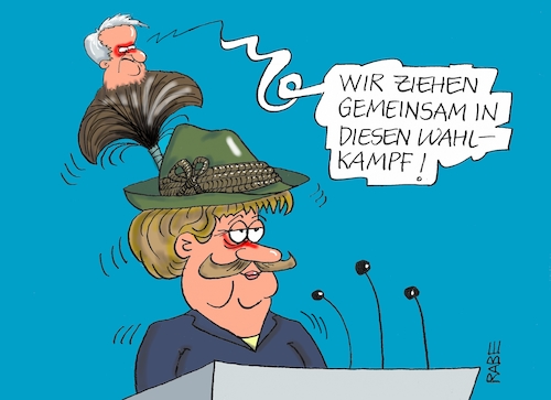 Cartoon: Kanzlerkandidatin (medium) by RABE tagged merkel,kanzlerin,bundestagswahl,kanzlerkandidatin,union,schwesternparteien,münchen,cdu,csu,seehofer,rabe,ralf,böhme,cartoon,karikatur,pressezeichnung,farbcartoon,tagescartoon,horst,trachtenhut,gamsbart,obergrenze,flüchtlingskrise,merkel,kanzlerin,bundestagswahl,kanzlerkandidatin,union,schwesternparteien,münchen,cdu,csu,seehofer,rabe,ralf,böhme,cartoon,karikatur,pressezeichnung,farbcartoon,tagescartoon,horst,trachtenhut,gamsbart,obergrenze,flüchtlingskrise