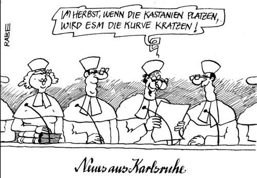 Cartoon: Karlsruhiges (medium) by RABE tagged kahrlsruhe,urteil,bundesverfassungsgericht,parlament,bundesregierung,bundesrat,grüne,widerspruch,gesetz,geheimniskrämerei,eu,beschlüsse,fiskalpakt,rettungsschirm,griechenland,abgeordnete,merkel,kanzlerin,koalition,cdu,euro,eurokrise,esm,ratifizierung,verfassungsgericht,brüssel,finanzchefs,banken,ratingagentur,börse,richter,recht,jurist,paragrafen,robe,herbst,kastanien,kurve,kratzen,kahrlsruhe,urteil,bundesverfassungsgericht,parlament,bundesregierung,grüne