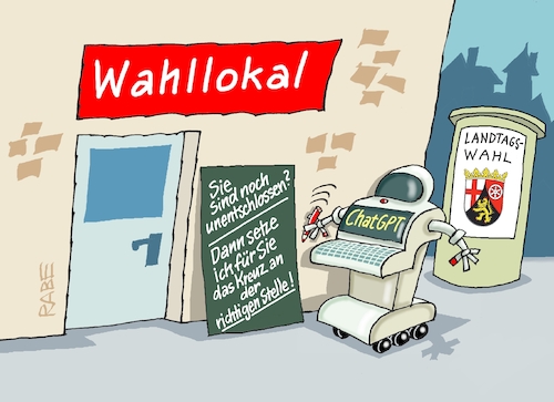 Cartoon: KI wählt (medium) by RABE tagged merz,kanzler,koalition,union,spd,klingbeil,cartoon,karikatur,pressezeichnung,farbcartoon,tagescartoon,bürokratie,verwaltung,beamte,modernisierung,monster,drachen,schwert,holzschwert,nägel,säge,landtagswahl,rheinland,pfalz,landtag,schnieder,schweitzer,wahllokal,wahlhilfe,chatgpt,ki,merz,kanzler,koalition,union,spd,klingbeil,cartoon,karikatur,pressezeichnung,farbcartoon,tagescartoon,bürokratie,verwaltung,beamte,modernisierung,monster,drachen,schwert,holzschwert,nägel,säge,landtagswahl,rheinland,pfalz,landtag,schnieder,schweitzer,wahllokal,wahlhilfe,chatgpt,ki