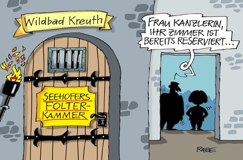 Cartoon: Klausurtagung (medium) by RABE tagged klausurtagung,csu,bayern,wildbad,kreuth,merkel,kanzlerin,seehofer,obergrenze,flüchtlinge,flüchtlingskrise,rabe,ralf,böhme,cartoon,karikatur,pressezeichnung,farbcartoon,tagescartoon,keller,folter,folterkammer,folterwerkzeuge,demütigung,klausurtagung,csu,bayern,wildbad,kreuth,merkel,kanzlerin,seehofer,obergrenze,flüchtlinge,flüchtlingskrise,rabe,ralf,böhme,cartoon,karikatur,pressezeichnung,farbcartoon,tagescartoon,keller,folter,folterkammer,folterwerkzeuge,demütigung