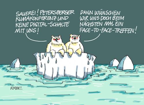 Cartoon: Klimakonfurzerenz (medium) by RABE tagged virus,corona,pandemie,coronakrise,rabe,ralf,böhme,cartoon,karikatur,pressezeichnung,farbcartoon,tagescartoon,viren,virenschutz,mundschutz,desinfektion,föderal,föderalismus,ländersache,petersberger,klimakonferenz,merkel,digital,vidokonferenz,klimaaspekte,digitalschalte,face,eisbären,eisschole,abschmelzen,virus,corona,pandemie,coronakrise,rabe,ralf,böhme,cartoon,karikatur,pressezeichnung,farbcartoon,tagescartoon,viren,virenschutz,mundschutz,desinfektion,föderal,föderalismus,ländersache,petersberger,klimakonferenz,merkel,digital,vidokonferenz,klimaaspekte,digitalschalte,face,eisbären,eisschole,abschmelzen