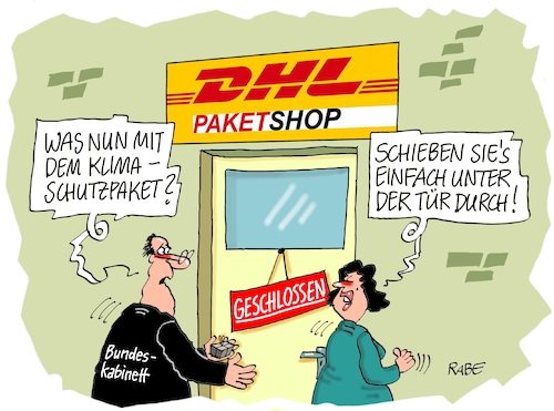 Cartoon: Klimaschutzpaket aufgeben (medium) by RABE tagged klimawandel,umwelt,umweltministerin,schulze,sp,klimapreis,heizung,auto,rabe,ralf,böhme,cartoon,karikatur,pressezeichnung,farbcartoon,tagescartoon,brücke,bettler,verkehr,klimaprämie,friday,for,future,klimapaket,klimaschutzpaket,bundeskabinett,beschluss,verabschiedung,post,paket,paketshop,postschalter,paketschalter,klimawandel,umwelt,umweltministerin,schulze,sp,klimapreis,heizung,auto,rabe,ralf,böhme,cartoon,karikatur,pressezeichnung,farbcartoon,tagescartoon,brücke,bettler,verkehr,klimaprämie,friday,for,future,klimapaket,klimaschutzpaket,bundeskabinett,beschluss,verabschiedung,post,paket,paketshop,postschalter,paketschalter