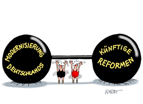 Cartoon: Koalitions Schwergewichte (medium) by RABE tagged merz,kanzler,koalition,union,spd,klingbeil,cartoon,karikatur,pressezeichnung,farbcartoon,tagescartoon,db,bahn,frühling,frühjahr,frühjahrsputz,ice,zug,blumenkasten,blumenkästen,gewicht,hantel,gewichtheber,schwergewicht,reformen,modernisierung,aufschwung,wirtschaftslage,wahlschlappe,groko,merz,kanzler,koalition,union,spd,klingbeil,cartoon,karikatur,pressezeichnung,farbcartoon,tagescartoon,db,bahn,frühling,frühjahr,frühjahrsputz,ice,zug,blumenkasten,blumenkästen,gewicht,hantel,gewichtheber,schwergewicht,reformen,modernisierung,aufschwung,wirtschaftslage,wahlschlappe,groko