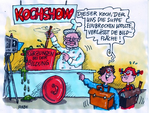 Cartoon: Kochs Kochshow (medium) by RABE tagged cdu,rücktritt,roland,koch,bundesregierung,kanzlerin,merkel,landesregierung,hessen,euro,gehalt,banken,bildung,kürzung,einsparung,landesvater,wiesbaden,kochstudio,kochshow,promidinner,kochtopf,herd,kochlöffel,kriesenherd,schüler,kinder,suppe,suppenküche,brocken,teller,löffel,kelle,mädchen,jungen,schulranzen,kultusminister,lehrplan,kürzungen,cdu,rücktritt,roland koch,bundesregierung,kanzlerin,angela merkel,hessen,gehalt,banken,bildung,kürzung,einsparung,landesvater,roland,koch,angela,merkel