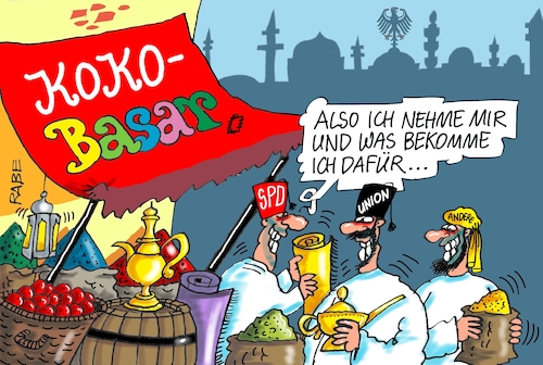 Cartoon: Kokobasar (medium) by RABE tagged grüne,jamaika,sondierungsgespräche,regierungsbildung,amtshandlung,rabe,ralf,böhme,cartoon,karikatur,pressezeichnung,farbcartoon,tagescartoon,koko,groko,neuwahlen,spd,merkel,kanzlerin,union,cdu,martin,schulz,sondierungsrunde,koalition,koalitionsmodel,kooperationsmodell,basar,händler,scheichs,orient,grüne,jamaika,sondierungsgespräche,regierungsbildung,amtshandlung,rabe,ralf,böhme,cartoon,karikatur,pressezeichnung,farbcartoon,tagescartoon,koko,groko,neuwahlen,spd,merkel,kanzlerin,union,cdu,martin,schulz,sondierungsrunde,koalition,koalitionsmodel,kooperationsmodell,basar,händler,scheichs,orient