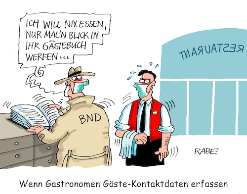 Cartoon: Kontaktaufnahme (medium) by RABE tagged virus,corona,pandemie,coronakrise,rabe,ralf,böhme,cartoon,karikatur,pressezeichnung,farbcartoon,tagescartoon,viren,virenschutz,mundschutz,desinfektion,föderal,föderalismus,ländersache,kontakt,kontaktdaten,kontaktdatenerfassung,gäste,gästekontaktdaten,retstaurant,gastronomie,kellner,ober,bnd,geheimdienst,spion,spionage,lockerungen,virus,corona,pandemie,coronakrise,rabe,ralf,böhme,cartoon,karikatur,pressezeichnung,farbcartoon,tagescartoon,viren,virenschutz,mundschutz,desinfektion,föderal,föderalismus,ländersache,kontakt,kontaktdaten,kontaktdatenerfassung,gäste,gästekontaktdaten,retstaurant,gastronomie,kellner,ober,bnd,geheimdienst,spion,spionage,lockerungen