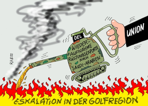 Cartoon: Krisenherd Golfregion (medium) by RABE tagged golf,oman,tankerbeschuß,vorwürfe,norwegen,beweiße,andchuldigung,rabe,ralf,böhme,cartoon,karikatur,pressezeichnung,farbcartoon,tagescartoon,trump,usa,iran,tanker,golfregion,golfkrise,krisenherd,öl,ölkännchen,feuer,flammen,rüstung,rüstungsexporte,panzer,union,deutschland,groko,grüne,aufnahme,drohne,ölraffenerie,golf,oman,tankerbeschuß,vorwürfe,norwegen,beweiße,andchuldigung,rabe,ralf,böhme,cartoon,karikatur,pressezeichnung,farbcartoon,tagescartoon,trump,usa,iran,tanker,golfregion,golfkrise,krisenherd,öl,ölkännchen,feuer,flammen,rüstung,rüstungsexporte,panzer,union,deutschland,groko,grüne,aufnahme,drohne,ölraffenerie