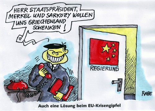 Cartoon: Krisenlösung (medium) by RABE tagged euro,krise,krisengipfel,eu,brüssel,schuldenkrise,schuldenerlass,rettungsschirm,rettungspaket,finanzmärkte,finanzchefs,staatschefs,merkel,cdu,bundesrepublik,deutschland,sarkozy,frankreich,griechenland,athen,italien,portugal,irland,lösung,sondergipfel,geschenk,staatspräsident,china,regierung,peking,euroländer,hilfsprogramm,pleite,schuldenproblem,ratspräsident,lösungsvorschlag,schuldenprobleme,banken,selbstbeteiligung,ezb,gemeinschaftswährung,währungsfond,rompuy,euro,krise,krisengipfel,eu,brüssel,schuldenkrise,schuldenerlass,rettungsschirm,rettungspaket,finanzmärkte,finanzchefs