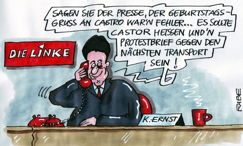 Cartoon: Kubakrise (medium) by RABE tagged linke,linkspartei,bundesregierung,kanzlerin,cdu,sed,ernst,gisy,lötzsch,fidel,castro,kuba,kubakrise,geburtstag,geburtstagsgruss,geburtstagsbrief,glückwünsche,castor,castortransport,endlager,gorleben,atommüll,protest,blockade,presse,fehler,protestbrief,linke,linkspartei,bundesregierung,kanzlerin,cdu,sed,ernst,lötzsch,fidel castro,fidel,castro