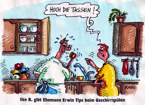 Cartoon: Küchenhilfe (medium) by RABE tagged küchenhilfe,küche,anbauküche,abwasch,abwaschbecken,spülen,geschirr,geschirrspülmittel,ehepaar,mann,frau,küchendienst,abwaschlappen,bürste,tassen,teller,fit,spüli,pril,ajax,geschirrhandtuch,abtrockenhandtuch,wischtuch,wasser,waschbecken,anrichte,wasserhahn,kaffeegeschirr,besteck,gabel,messer,löffel,reinigungsmittel,hängeschrank,regal,tipp,ilse,erwin,schürze,spültisch,haushaltshilfe,küchenhilfe,küche,anbauküche,abwaschbecken,geschirrspülmittel,mann,küchendienst,abwaschlappen,ehepaar,teller,spüli,ehe,liebe,haushalt,abwaschen,männer,frauen