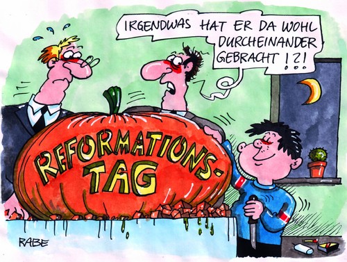 Cartoon: Kürbisgeschnetzeltes (medium) by RABE tagged reformation,reformationstag,luther,martin,oktober,evangelisch,kirche,pfarrer,feiertag,thesen,wittenberg,stadttor,kloster,christ,durcheinander,kürbis,kürbissuppe,halloween,druiden,kelten,allerheiligen,irland,samhainfest,mönch,ablass,süsse,saures,verkleidung,masken,halloweenmaske,reformation,luther,reformationstag,martin,oktober,evangelisch,kirche,pfarrer,feiertag,wittenberg