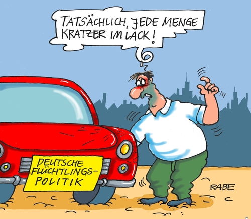 Cartoon: Lackkratzer (medium) by RABE tagged flüchtlingspolitik,flüchtlinge,irak,türkei,flüchtlingsstrom,mittelmeer,ausländer,deutschland,böhme,ralf,rabe,grenze,terroristen,is,auto,tagescartoon,farbcartoon,pressezeichnung,karikatur,cartoon,ausländerbehörden,kratzerkommunen,lackschäden,lack,pkw,flüchtlinge,flüchtlingspolitik,deutschland,ausländer,mittelmeer,flüchtlingsstrom,türkei,irak,is,terroristen,grenze,rabe,ralf,böhme,cartoon,karikatur,pressezeichnung,farbcartoon,tagescartoon,auto,pkw,lack,lackschäden,kratzerkommunen,ausländerbehörden