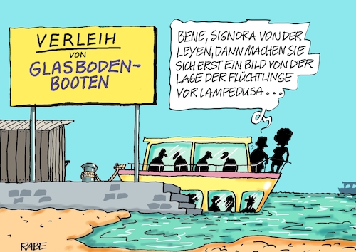 Cartoon: Lampedusa (medium) by RABE tagged eu,brüssel,rede,nation,lage,uschi,ursula,von,der,leyen,rabe,ralf,böhme,cartoon,karikatur,pressezeichnung,farbcartoon,tagescartoon,lampedusa,flüchtlinge,melonie,besichtigung,flüchtlingslager,flüchtlingsdrama,meloni,italien,bootsverleih,glasbodenboote,eu,brüssel,rede,nation,lage,uschi,ursula,von,der,leyen,rabe,ralf,böhme,cartoon,karikatur,pressezeichnung,farbcartoon,tagescartoon,lampedusa,flüchtlinge,melonie,besichtigung,flüchtlingslager,flüchtlingsdrama,meloni,italien,bootsverleih,glasbodenboote