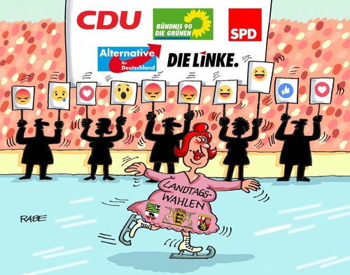 Cartoon: Landtagswahlen (medium) by RABE tagged landtagswahlen,wähler,hochrechnung,wahllokal,bundesländer,cdu,spd,linke,afd,grüne,rechte,flüchtlinge,flüchtlingskrise,merkel,rabe,ralf,böhme,cartoon,karikatur,pressezeichnung,farbcartoon,tagescartoon,kür,eislaufen,schaulaufen,bewertung,schlittschuhe,eis,landtagswahlen,wähler,hochrechnung,wahllokal,bundesländer,cdu,spd,linke,afd,grüne,rechte,flüchtlinge,flüchtlingskrise,merkel,rabe,ralf,böhme,cartoon,karikatur,pressezeichnung,farbcartoon,tagescartoon,kür,eislaufen,schaulaufen,bewertung,schlittschuhe,eis