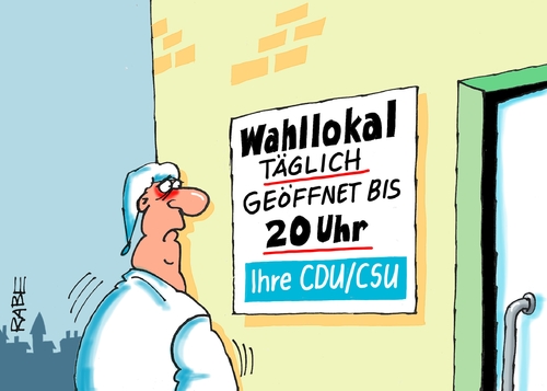 Cartoon: Lange Öffnungszeiten (medium) by RABE tagged cdu,csu,wahllokal,wahlsonntag,wähler,wahlurne,wählerstimmenrabe,ralf,böhme,cartoon,karikatur,pressezeichnung,farbcartoon,tagescartoon,stimmzettel,stimmabgabe,wahlsieger,politikverdrossenheit,cdu,csu,wahllokal,wahlsonntag,wähler,wahlurne,wählerstimmenrabe,ralf,böhme,cartoon,karikatur,pressezeichnung,farbcartoon,tagescartoon,stimmzettel,stimmabgabe,wahlsieger,politikverdrossenheit