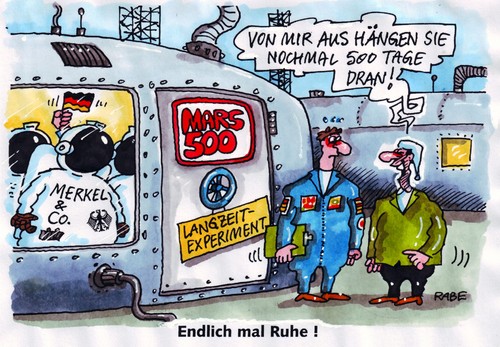 Cartoon: Langzeitexperiment (medium) by RABE tagged merkel,bundesregierung,langzeitexperiment,euro,nasa,raumfahrt,mars,raumanzug,wegsperren,test,bürger,ruhe,nerven,politikverdrossenheit,wegschließen,merkel,bundesregierung,langzeitexperiment,euro,nasa,raumfahrt,mars,raumanzug,wegsperren