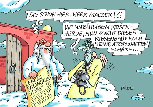 Cartoon: Lebenserwartung (medium) by RABE tagged leben,lebenserwartung,himmel,himmelstor,himmelspforte,petrus,engel,wolken,rabe,ralf,böhme,cartoon,karikatur,pressezeichnung,farbcartoon,tagescartoon,krisen,krisenherd,flüchtlingskrise,atombombe,scharfmacher,kim,jong,un,leben,lebenserwartung,himmel,himmelstor,himmelspforte,petrus,engel,wolken,rabe,ralf,böhme,cartoon,karikatur,pressezeichnung,farbcartoon,tagescartoon,krisen,krisenherd,flüchtlingskrise,atombombe,scharfmacher,kim,jong,un