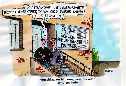 Cartoon: Leerstehende Schulen Pisatest (medium) by RABE tagged pisatest,pisastudie,mittelfeld,schlußlicht,lehrer,schüler,politiker,euro,fehlentscheidung,schulgebäude,bildung,erziehung,bildungspolitik,kultusminister,unterricht,männer,nutzung,lehrerzimmer,klassenraum,klassenbuch,abgeordnete,bildung,schule,studie,vergleich,schüler,prüfung,pisa,test