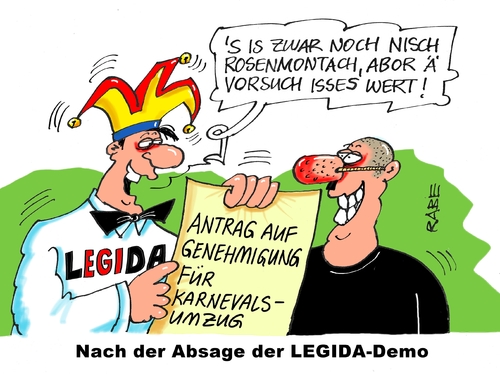 Cartoon: Legida Leipzig (medium) by RABE tagged legida,pegida,leipzig,legidademo,absage,absicherung,montagsdemo,antiislamdemo,islam,islamisierung,rabe,ralf,böhme,cartoon,karikatur,tagescartoon,pressezeichnung,farbcartoon,nazi,noenazi,volk,demonstrationsrecht,meinungsäusserung,genehmigung,fasching,karneval,karnevalsumzug,rosenmontagsumzug,legida,pegida,leipzig,legidademo,absage,absicherung,montagsdemo,antiislamdemo,islam,islamisierung,rabe,ralf,böhme,cartoon,karikatur,tagescartoon,pressezeichnung,farbcartoon,nazi,noenazi,volk,demonstrationsrecht,meinungsäusserung,genehmigung,fasching,karneval,karnevalsumzug,rosenmontagsumzug