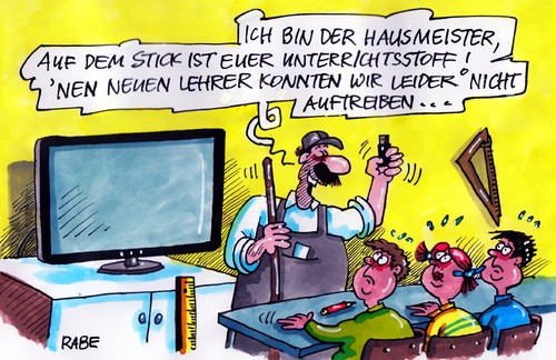 Cartoon: Lehrermangel (medium) by RABE tagged lehrer,lehrerzimmer,schulen,überalterung,rente,rentner,stundenplan,bildungswesen,pisastudie,schüler,schulklasse,unterricht,ausstattung,bildungsplan,schavan,hausmeister,stick,virtuell,internet,unterrichtsstoff,bildschirm,pc,tv,lehrer,lehrerzimmer,schulen,überalterung,rente,rentner,stundenplan,bildungswesen,pisastudie,schüler,schulklasse,unterricht,ausstattung,bildungsplan,schavan,hausmeister,stick,virtuell,internet,unterrichtsstoff,bildschirm,pc,tv