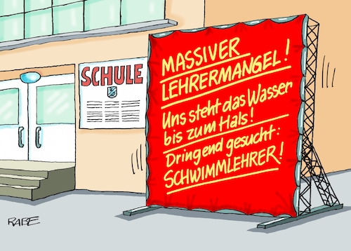 Cartoon: Lehrermangel (medium) by RABE tagged lehrer,lehrermangel,bildung,bildungswesen,schüler,klassen,unterricht,zeugnisse,stundenausfall,bildungsnotstand,rabe,ralf,böhme,cartoon,karikatur,pressezeichnung,farbcartoon,tagescartoon,transparent,schulgebäude,lehrerausbildung,schwimmlehrer,lehrerzimmer,lehrer,lehrermangel,bildung,bildungswesen,schüler,klassen,unterricht,zeugnisse,stundenausfall,bildungsnotstand,rabe,ralf,böhme,cartoon,karikatur,pressezeichnung,farbcartoon,tagescartoon,transparent,schulgebäude,lehrerausbildung,schwimmlehrer,lehrerzimmer