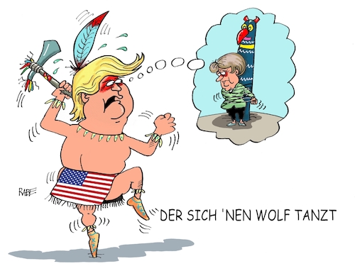 Cartoon: Lendenschnurz (medium) by RABE tagged trump,usa,präsident,washington,merkel,kanzlerin,cdu,union,europa,brüssel,partner,rabe,ralf,böhme,cartoon,karikatur,pressezeichnung,farbcartoon,tagescartoon,twitter,handelsüberschuß,nato,militärausgaben,autobauer,marterpfahl,kriegsbeil,indianer,häuptling,tanz,wolf,tomahawk,lendenschurz,trump,usa,präsident,washington,merkel,kanzlerin,cdu,union,europa,brüssel,partner,rabe,ralf,böhme,cartoon,karikatur,pressezeichnung,farbcartoon,tagescartoon,twitter,handelsüberschuß,nato,militärausgaben,autobauer,marterpfahl,kriegsbeil,indianer,häuptling,tanz,wolf,tomahawk,lendenschurz