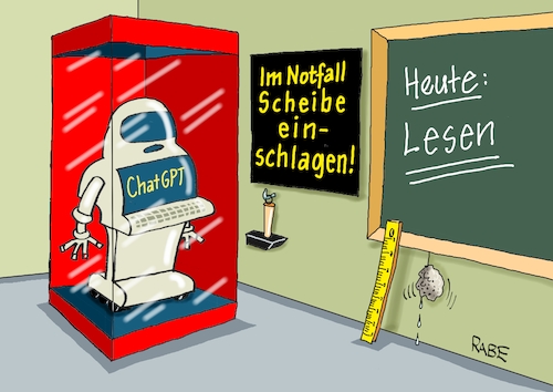 Cartoon: Lesestündchen (medium) by RABE tagged bildung,bildungswesen,lehrer,schüler,klassenzimmer,schultafel,lineal,schwamm,kreide,lestestunde,rabe,ralf,böhme,cartoon,karikatur,pressezeichnung,farbcartoon,tagescartoon,chatgpt,ki,it,roboter,hanner,glasvitrine,notfall,lesestunde,bildung,bildungswesen,lehrer,schüler,klassenzimmer,schultafel,lineal,schwamm,kreide,lestestunde,rabe,ralf,böhme,cartoon,karikatur,pressezeichnung,farbcartoon,tagescartoon,chatgpt,ki,it,roboter,hanner,glasvitrine,notfall,lesestunde