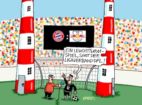Cartoon: Leuchtturm (medium) by RABE tagged fußball,em,wm,meisterschaft,schweiz,frauen,frauenfußball,spielerin,rabe,ralf,böhme,cartoon,karikatur,pressezeichnung,farbcartoon,spielplan,paarung,tv,live,uefa,sportschau,pkw,fahne,spiegelschoner,bundesliga,dfl,leuchtturm,leuchtturmspiel,fc,bayern,leipzig,münchen,stadion,schiedsrichter,bundesligastart,fußball,em,wm,meisterschaft,schweiz,frauen,frauenfußball,spielerin,rabe,ralf,böhme,cartoon,karikatur,pressezeichnung,farbcartoon,spielplan,paarung,tv,live,uefa,sportschau,pkw,fahne,spiegelschoner,bundesliga,dfl,leuchtturm,leuchtturmspiel,fc,bayern,leipzig,münchen,stadion,schiedsrichter,bundesligastart