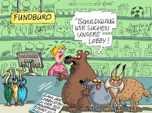 Cartoon: Lobbyisten (medium) by RABE tagged tierschutz,tierschutzprojekte,wolf,bär,luchs,ansiedlung,eingliederung,rabe,ralf,böhme,cartoon,karikatur,pressezeichnung,farbcartoon,tagescartoon,naturschutz,umwelt,grüne,fundbüro,lobby,regierungslobbyisten,tierschutz,tierschutzprojekte,wolf,bär,luchs,ansiedlung,eingliederung,rabe,ralf,böhme,cartoon,karikatur,pressezeichnung,farbcartoon,tagescartoon,naturschutz,umwelt,grüne,fundbüro,lobby,regierungslobbyisten