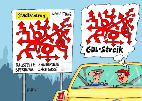 Cartoon: Lokführerstreik (medium) by RABE tagged lokführer,lokführerstreik,gdl,weselsky,bahn,streik,rabe,ralf,böhme,cartoon,karikatur,pressezeichnung,farbcartoon,tagescartoon,autofahrer,bahnfahrer,stadtzentrum,umleitung,baustelle,sackgasse,zugpersonal,fernzuge,personennahverkehr,reisende,lokführer,lokführerstreik,gdl,weselsky,bahn,streik,rabe,ralf,böhme,cartoon,karikatur,pressezeichnung,farbcartoon,tagescartoon,autofahrer,bahnfahrer,stadtzentrum,umleitung,baustelle,sackgasse,zugpersonal,fernzuge,personennahverkehr,reisende