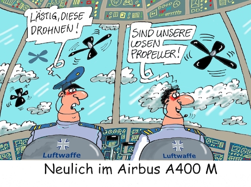 Cartoon: Lose Propeller (medium) by RABE tagged bundeswehr,luftwaffe,akk,verteidigungsministerin,armee,soldaten,luftwaffeneinsatz,airbus,rabe,ralf,böhme,cartoon,karikatur,pressezeichnung,farbcartoon,tagescartoon,propeller,schäden,drohnen,verteidigung,transportflieger,piloten,pilotenkanzel,bundeswehr,luftwaffe,akk,verteidigungsministerin,armee,soldaten,luftwaffeneinsatz,airbus,rabe,ralf,böhme,cartoon,karikatur,pressezeichnung,farbcartoon,tagescartoon,propeller,schäden,drohnen,verteidigung,transportflieger,piloten,pilotenkanzel