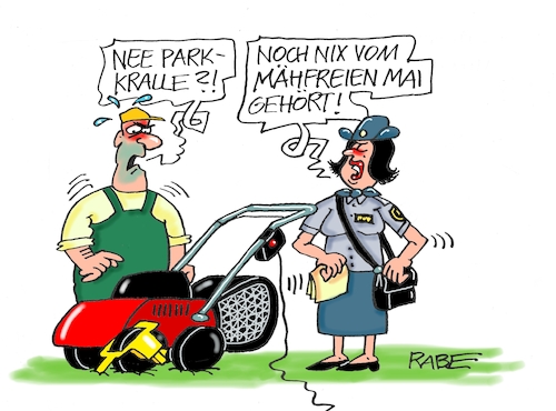 Cartoon: Mähfreier Mai (medium) by RABE tagged baum,wald,tag,ast,äste,laub,natur,waldspaziergang,jubiläum,rabe,ralf,böhme,cartoon,karikatur,pressezeichnung,farbcartoon,tagescartoon,axt,baumrinde,abholzung,baumfällung,waldschaden,umwelt,wiese,rasen,insekten,naturschutz,rasenmäher,rasentrimmer,politesse,mähverbot,monat,mai,mähfrei,parkkralle,kralle,polizei,baum,wald,tag,ast,äste,laub,natur,waldspaziergang,jubiläum,rabe,ralf,böhme,cartoon,karikatur,pressezeichnung,farbcartoon,tagescartoon,axt,baumrinde,abholzung,baumfällung,waldschaden,umwelt,wiese,rasen,insekten,naturschutz,rasenmäher,rasentrimmer,politesse,mähverbot,monat,mai,mähfrei,parkkralle,kralle,polizei