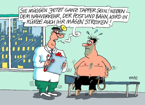 Cartoon: Magenstreik (medium) by RABE tagged gewerkschaften,tarife,tarifverhandlungen,streik,gew,verdi,rabe,ralf,böhme,cartoon,karikatur,pressezeichnung,farbcartoon,tagescartoon,schleifstein,messer,gewerkschaftsmitglieder,nahverkehr,post,bahn,magen,arzt,patient,sprechzimmer,liege,diagnose,gewerkschaften,tarife,tarifverhandlungen,streik,gew,verdi,rabe,ralf,böhme,cartoon,karikatur,pressezeichnung,farbcartoon,tagescartoon,schleifstein,messer,gewerkschaftsmitglieder,nahverkehr,post,bahn,magen,arzt,patient,sprechzimmer,liege,diagnose